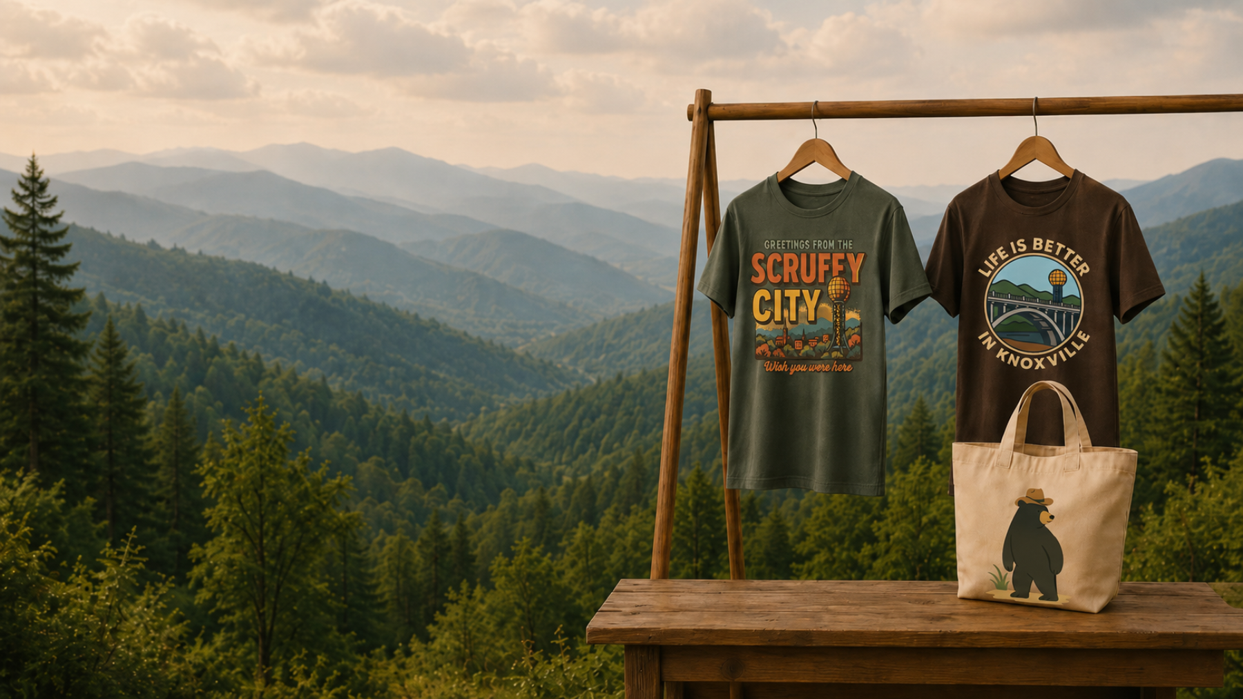 Two t-shirts and a tote bag on a wooden stand with a scenic mountain view in the background.